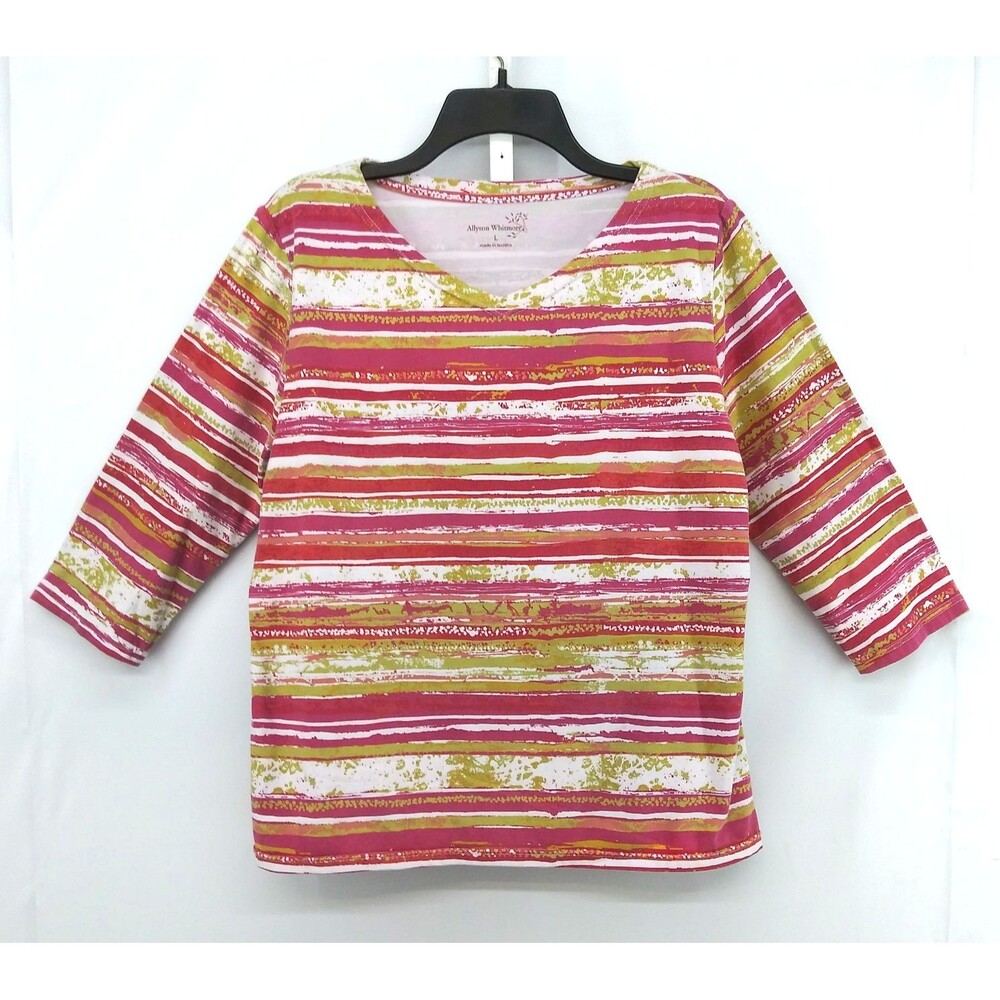 Allyson Whitmore Shirt Women Size L Pink Green Striped 3/4 Sleeve V Neck Top